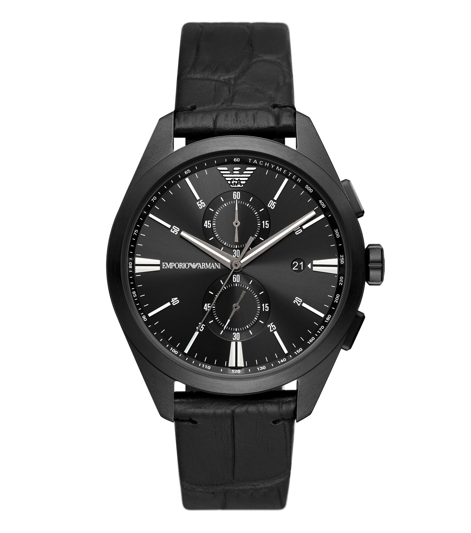 Emporio Armani AR11483 chronograph quartz watch with black dial and black leather strap
