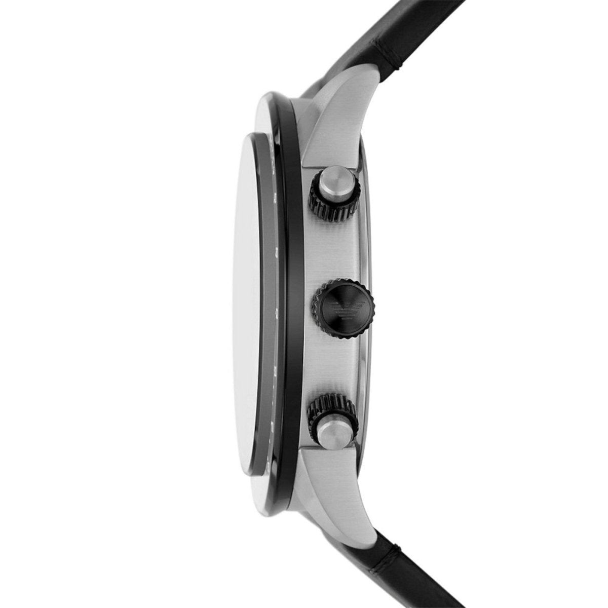 Side profile of Emporio Armani chronograph watch with visible pushers and black leather strap