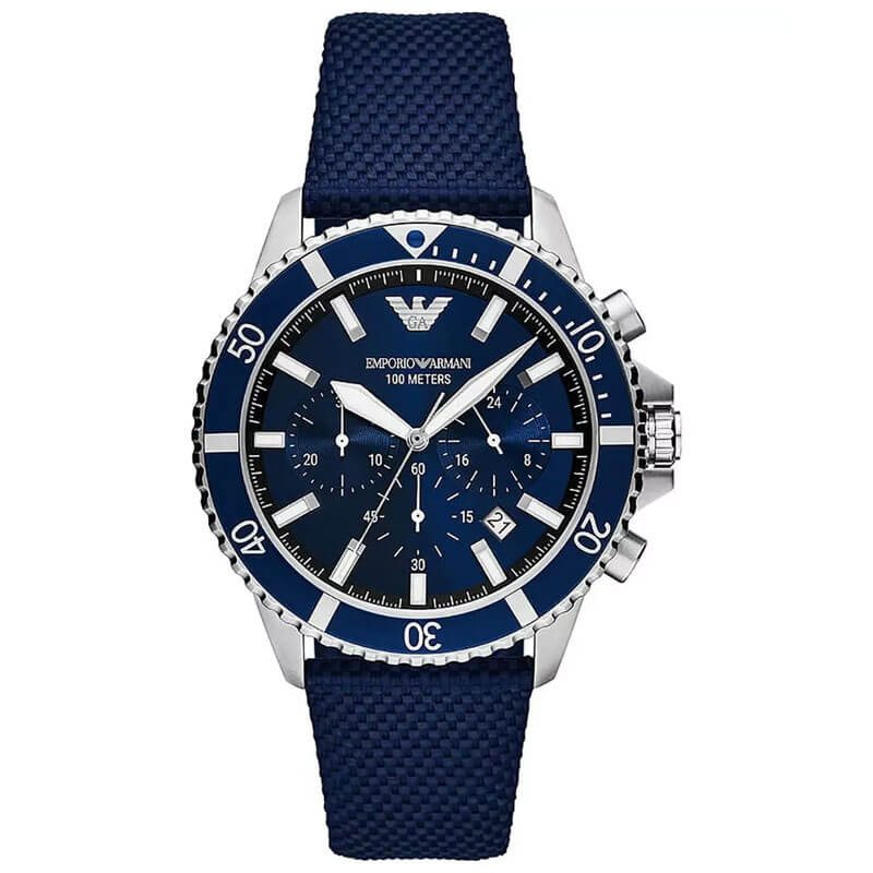 Emporio Armani AR11588 blue chronograph watch with silver case and blue strap