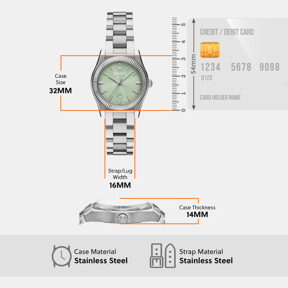 Emporio Armani AR11656 specification diagram showing 32mm case size, 16mm lug width, 14mm thickness, stainless steel case and strap