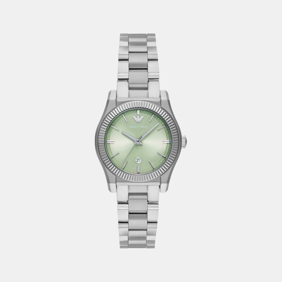 Emporio Armani AR11656 watch with light green dial, stainless steel case and bracelet, shown from front