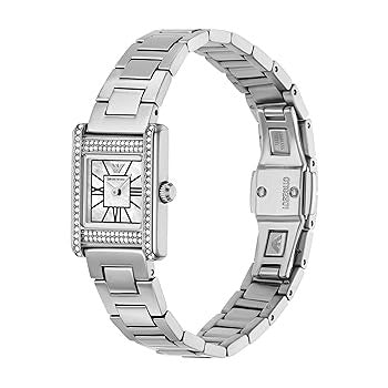 Three-quarter view of Emporio Armani AR11662 showing stainless steel bracelet and rectangular case
