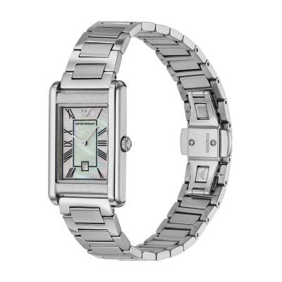 Emporio Armani AR11664 watch shown on angle with stainless steel bracelet fully displayed