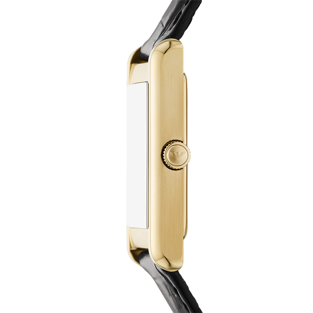 Side profile of Emporio Armani Gino watch displaying gold-tone rectangular case with crown and black strap