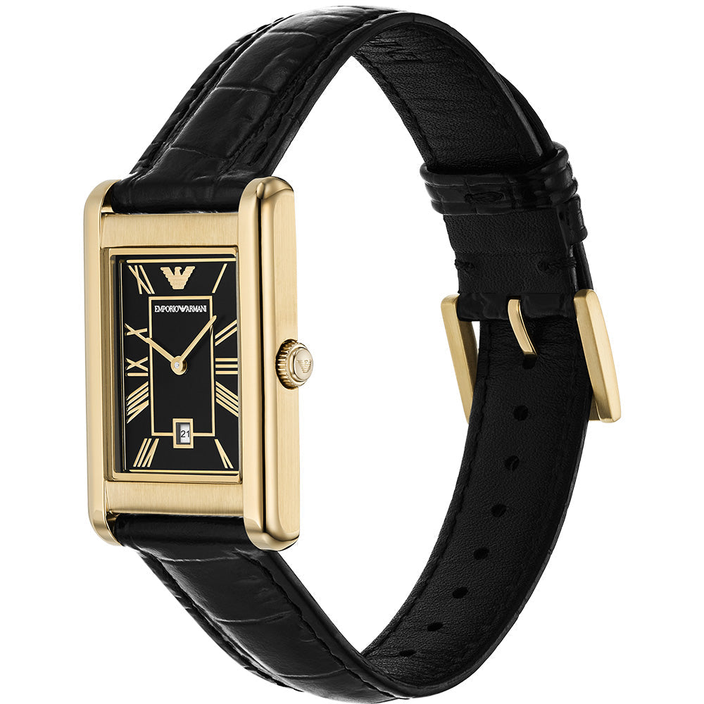Three-quarter view of Emporio Armani Gino watch showing gold case and crocodile-embossed black leather strap
