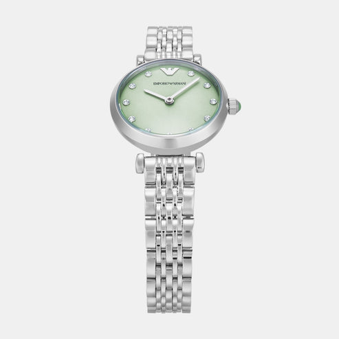 Emporio Armani AR11667 angled side view showing green dial face and silver-tone metal bracelet