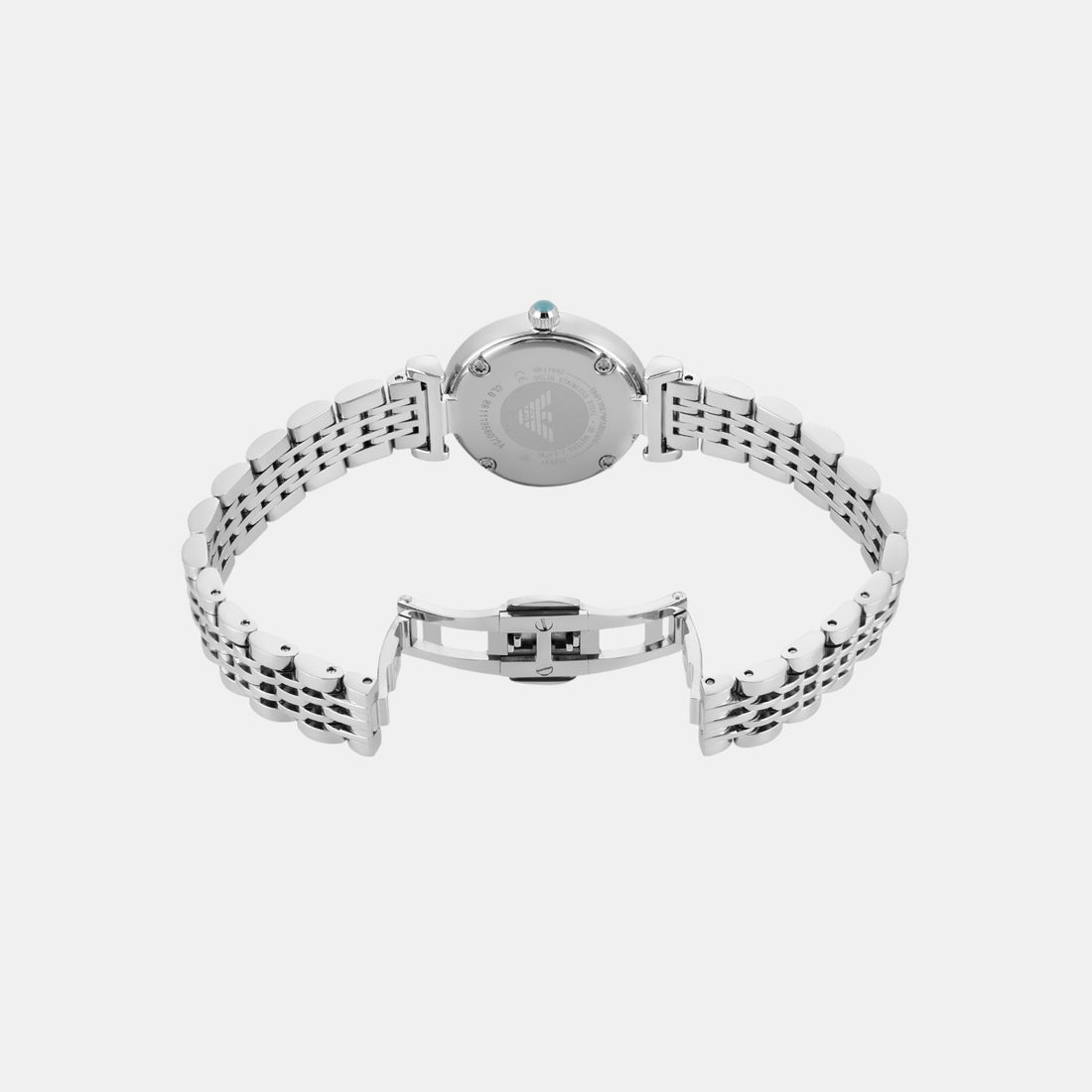 Emporio Armani AR11667 caseback view showing silver-tone stainless steel bracelet from behind
