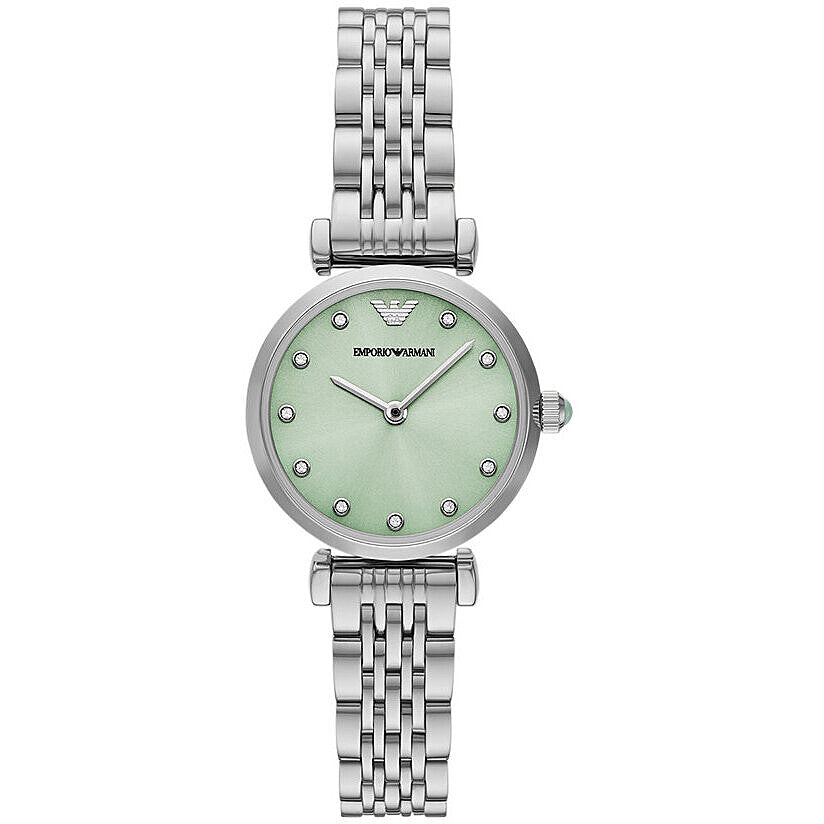 Emporio Armani AR11667 women's watch with green dial and silver-tone bracelet, frontal view