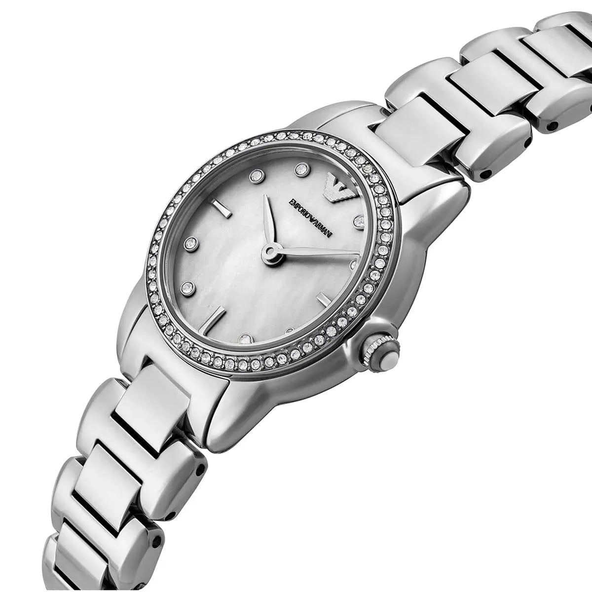 Angle view of Emporio Armani AR11669 showing white mother-of-pearl dial with crystal hour markers and diamond-set bezel
