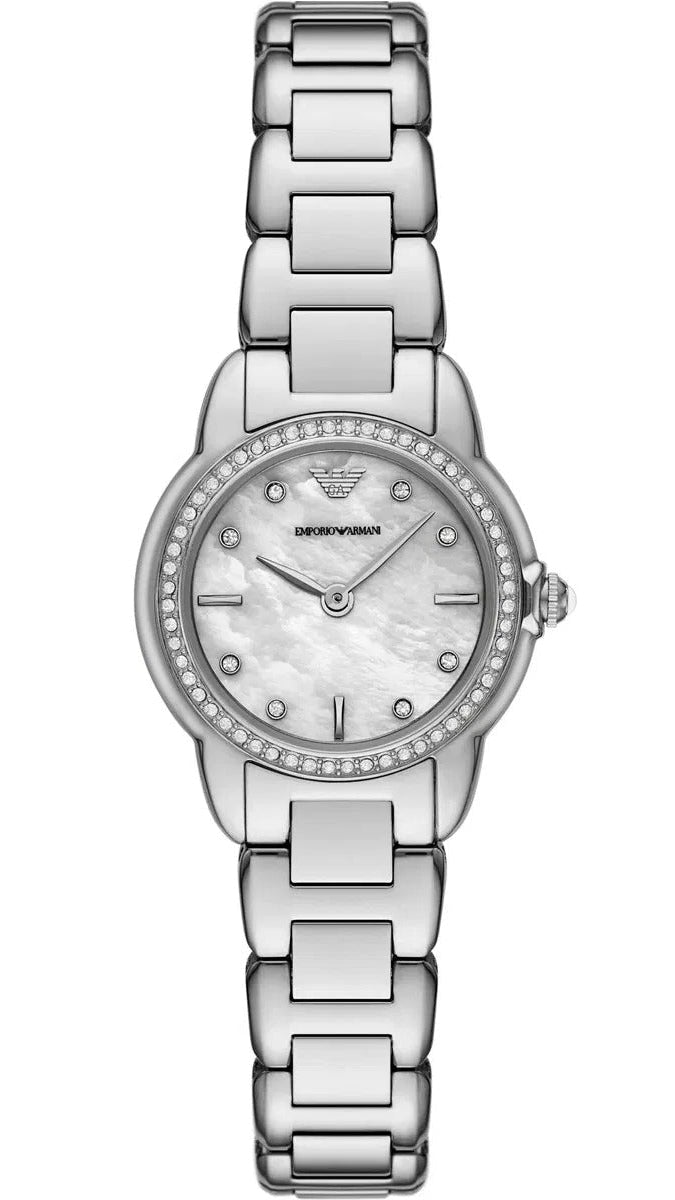 Emporio Armani AR11669 women's watch with white dial, crystal bezel, and silver stainless steel bracelet