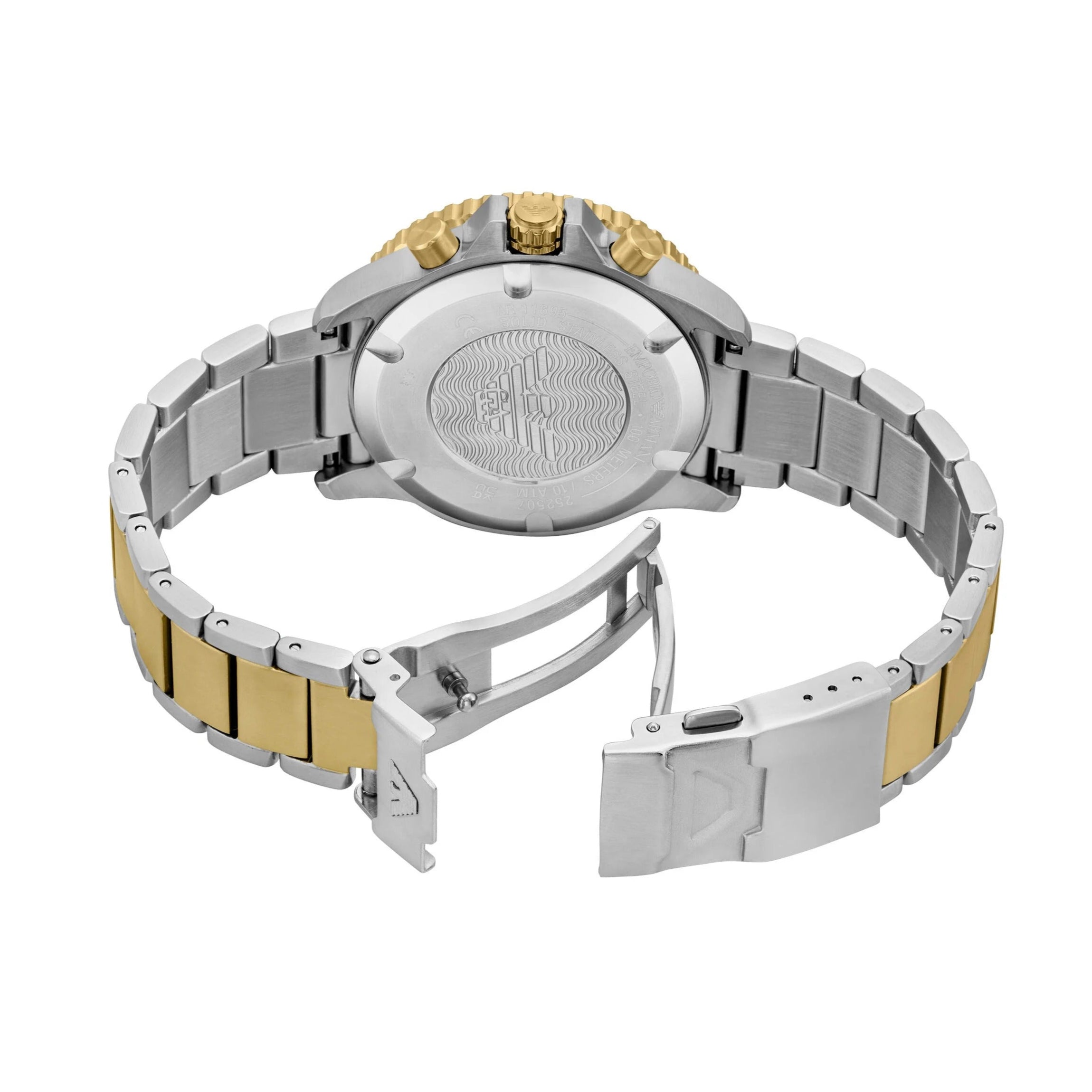 AR11695 case back showing Emporio Armani branding and two-tone steel bracelet