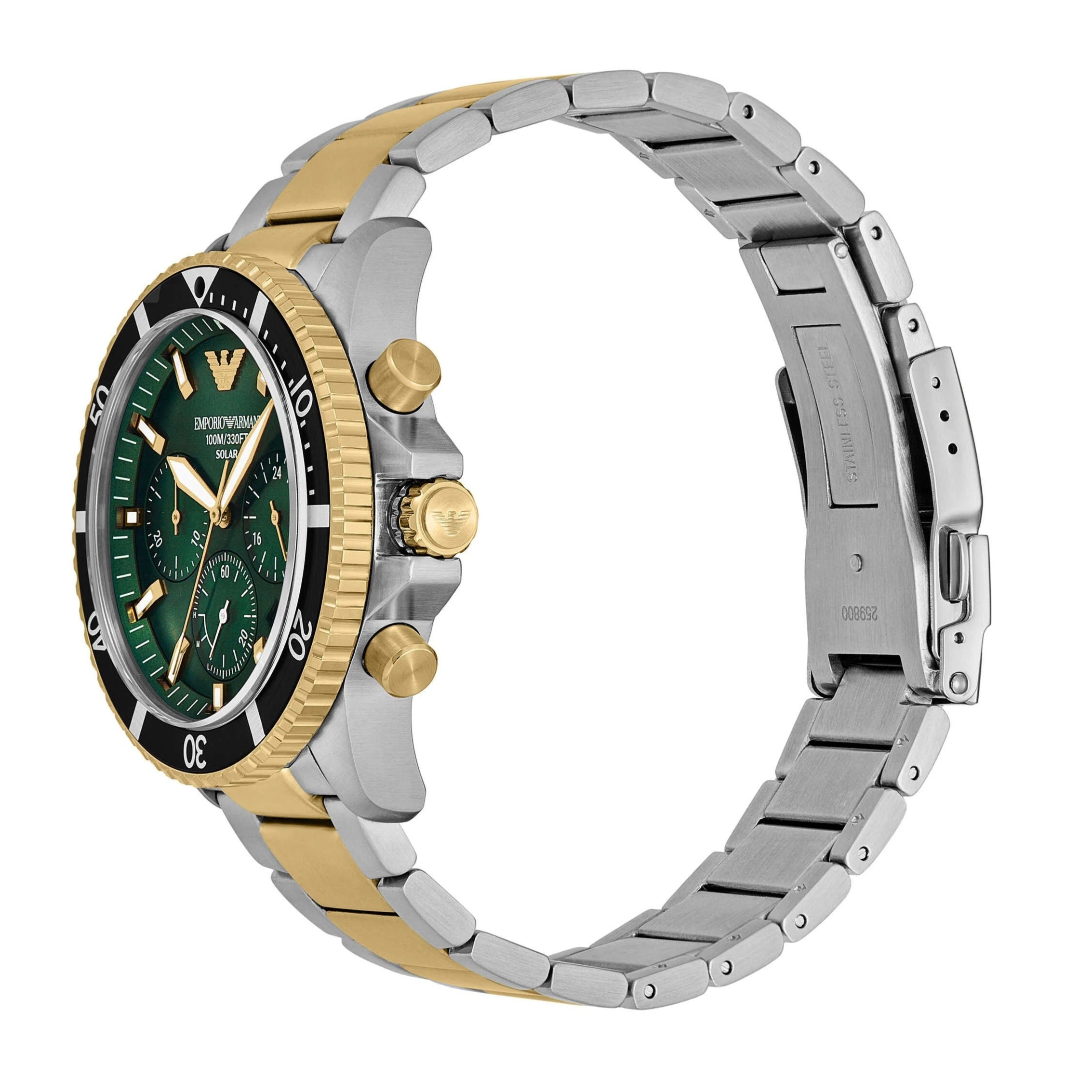 Side view of AR11695 World Explorer watch with two-tone bracelet and green dial