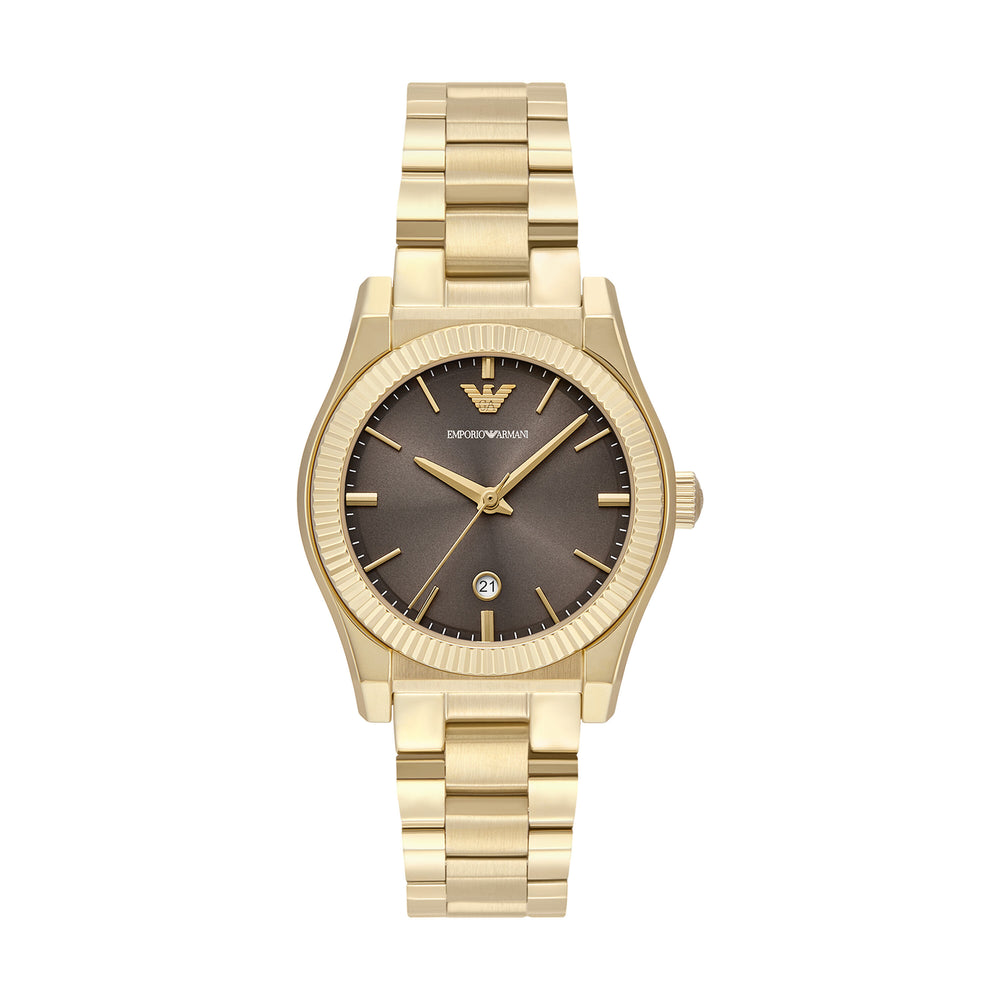 Emporio Armani AR11700 gold-tone watch with brown dial and three hands