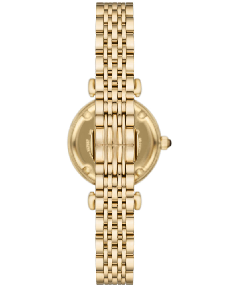 Top-down view of Emporio Armani AR11703 gold-tone bracelet and case