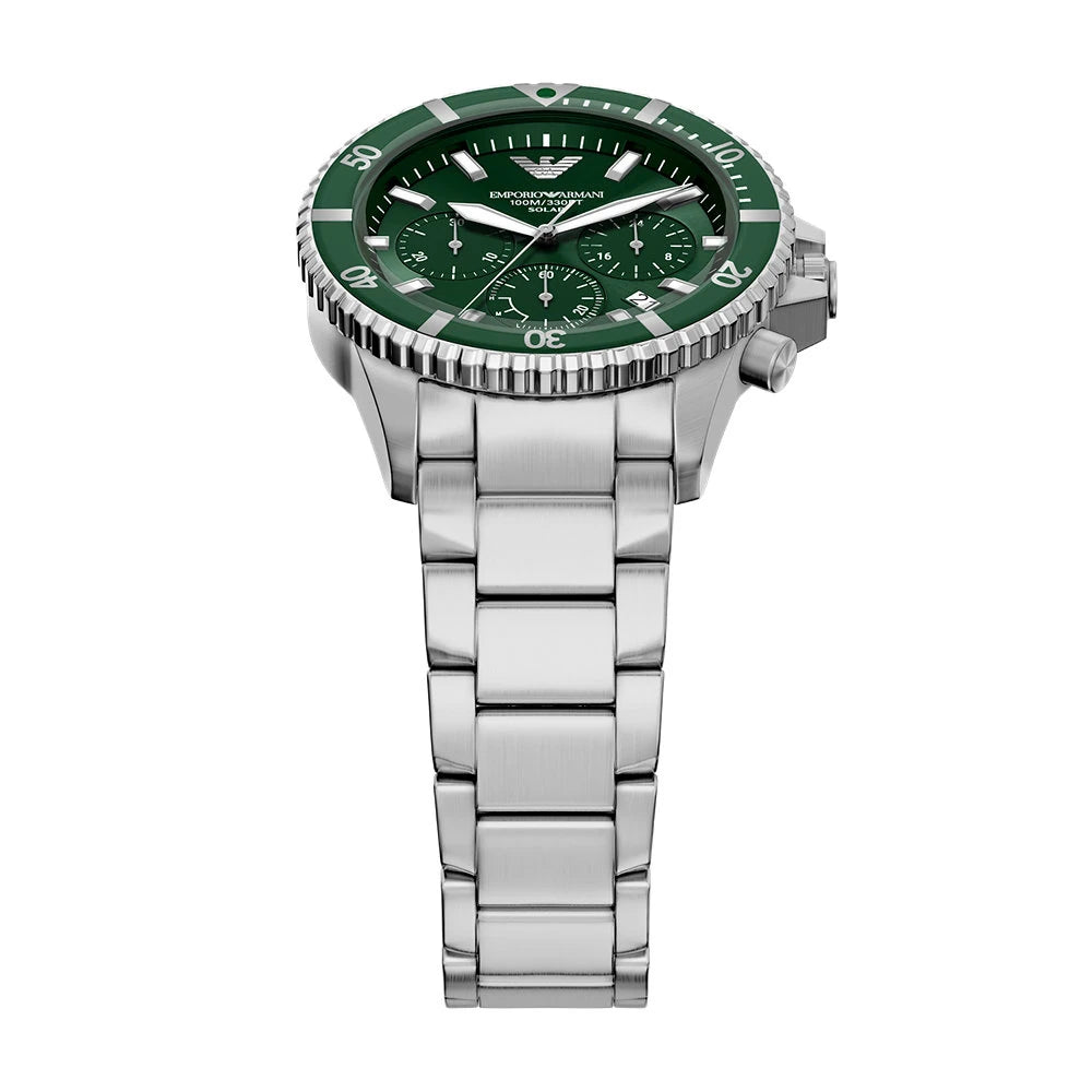 Emporio Armani AR11741 World Explorer from above showing chronograph subdials on green dial