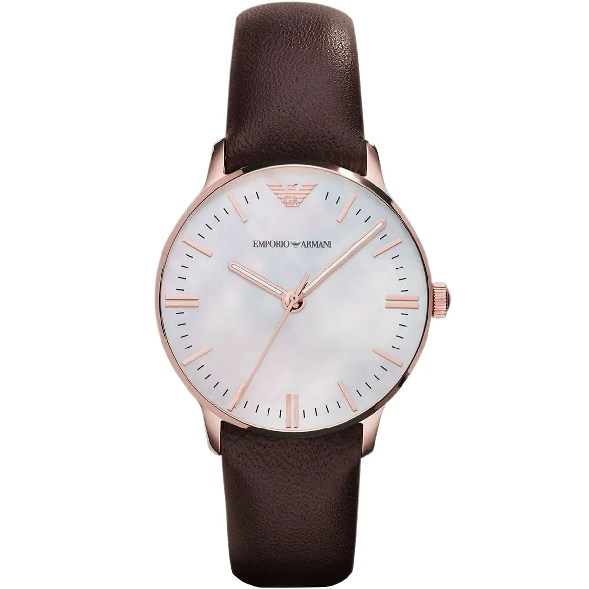 Emporio Armani AR1601 watch front view showing rose gold case and minimalist dial