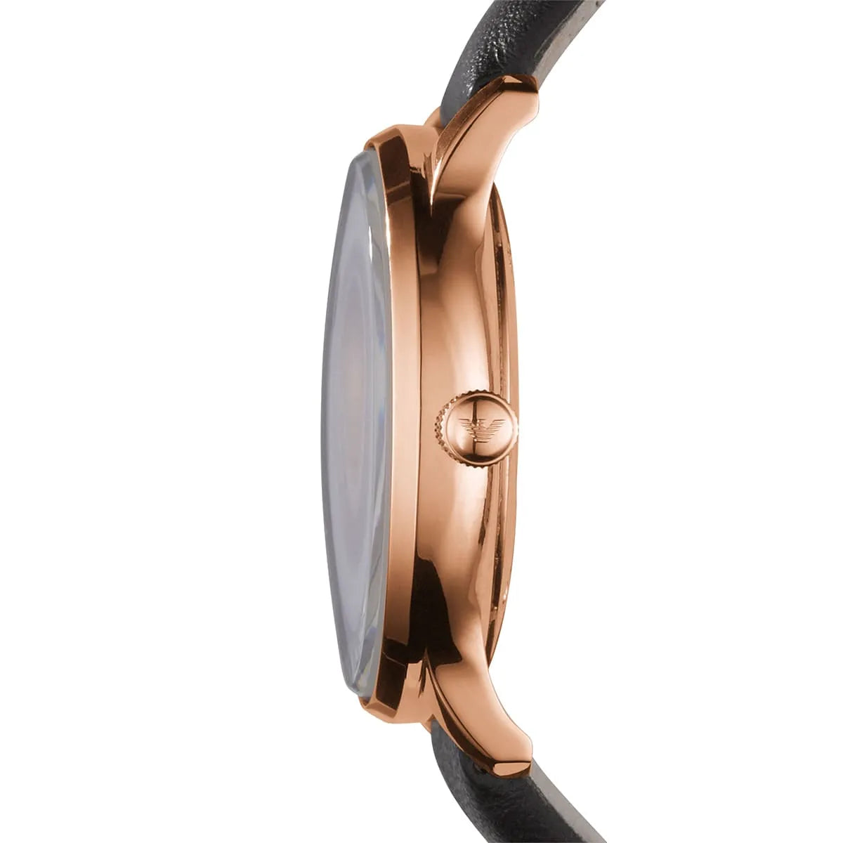 Emporio Armani AR1601 watch side profile showing rose gold case depth and brown strap