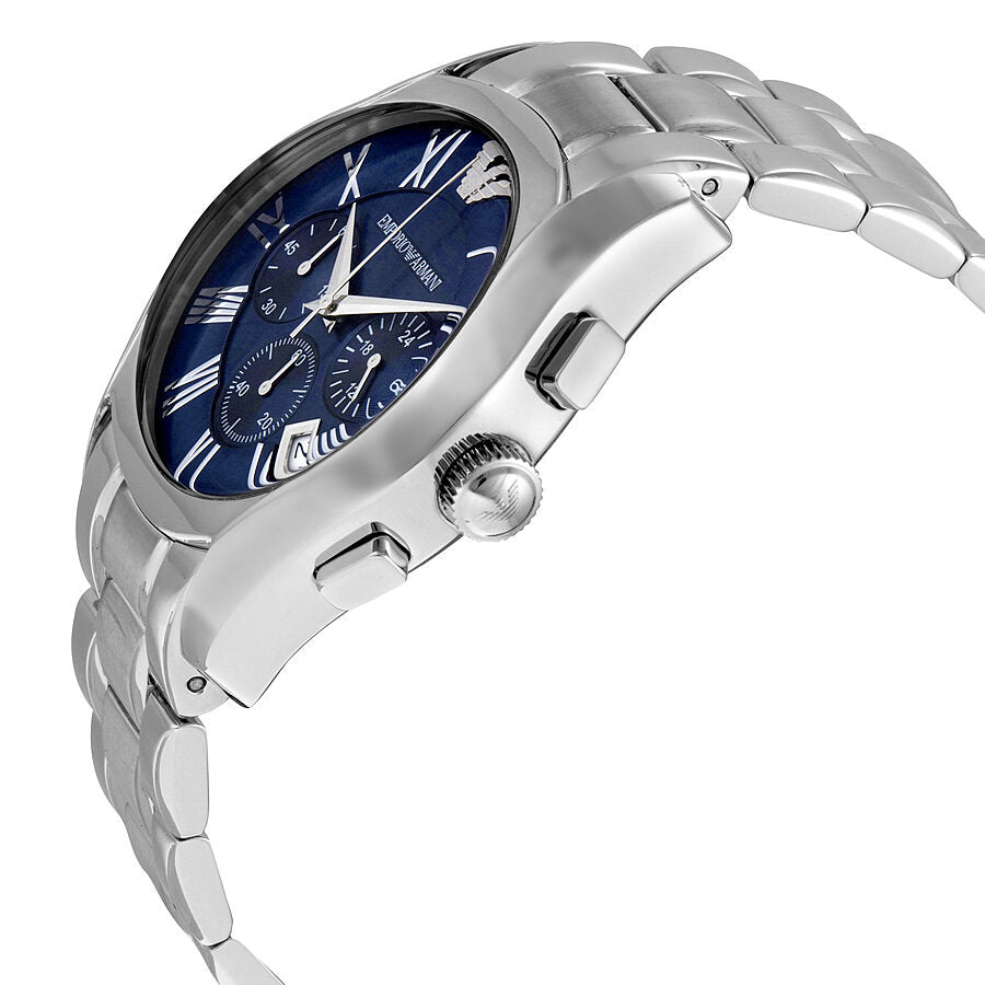 Side profile of Emporio Armani chronograph with blue dial and stainless steel bracelet