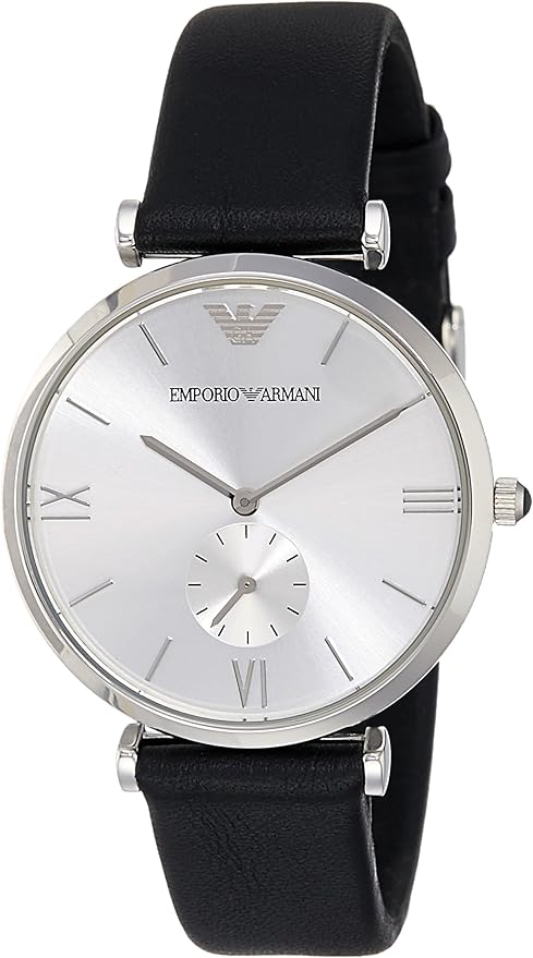 Emporio Armani AR1674 silver watch with white dial, Roman numerals, and black leather strap