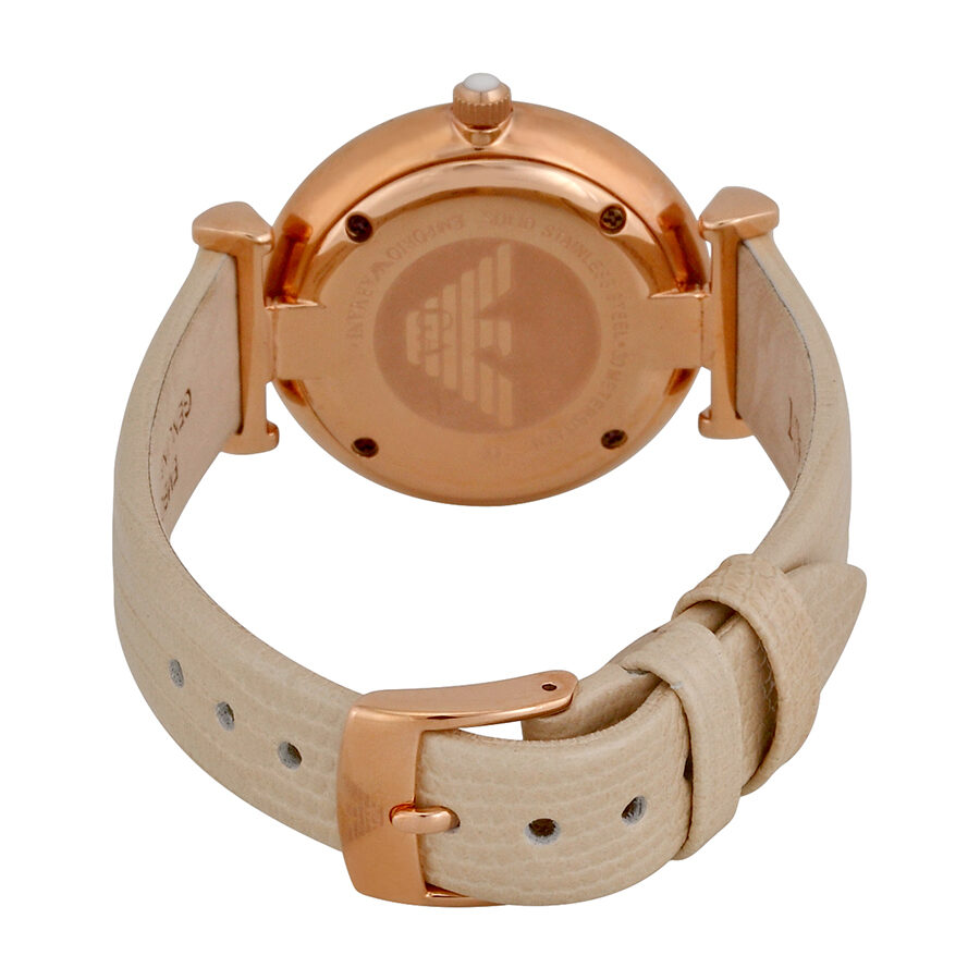Caseback view of Emporio Armani AR1681 with rose gold case and taupe leather strap