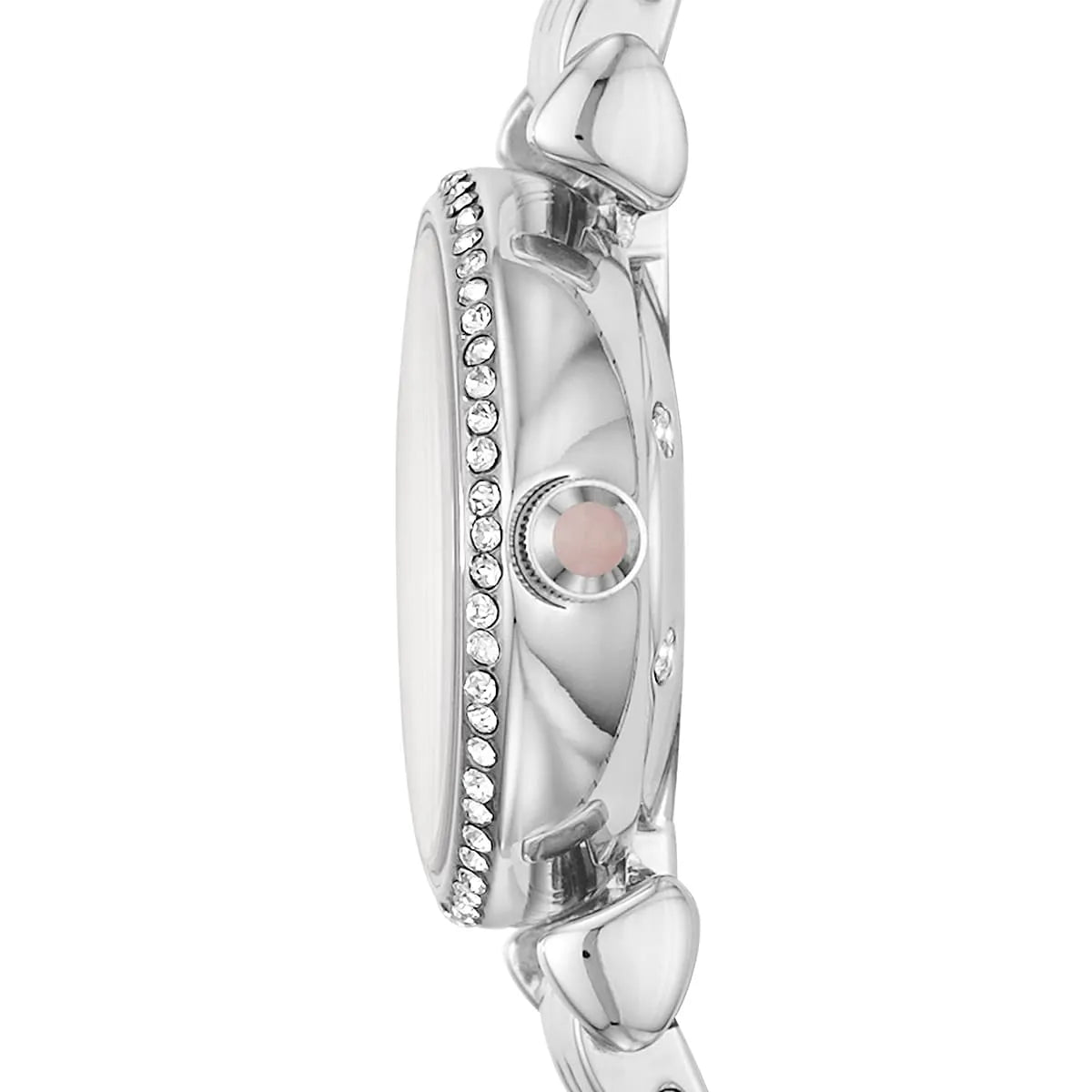 Detail of Emporio Armani AR1781 case side showing crystal-set bezel and pink dial