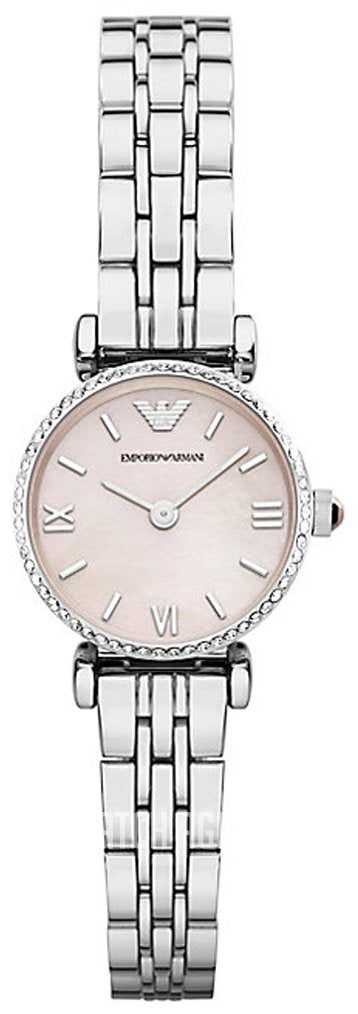 Emporio Armani AR1781 women's watch with pink dial, Roman numerals, and silver steel T-bar bracelet