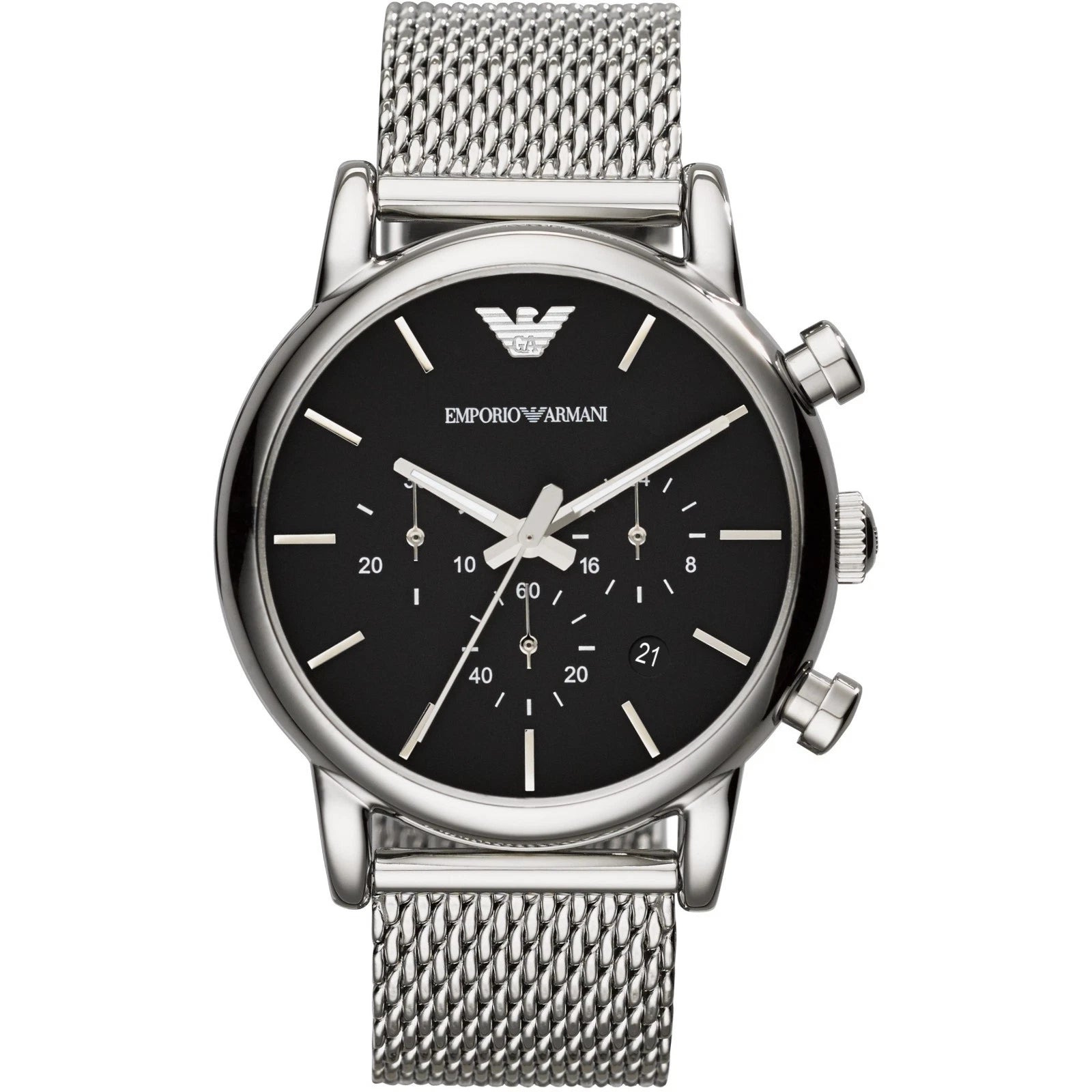 Emporio Armani AR1811 chronograph watch with black dial and steel mesh strap