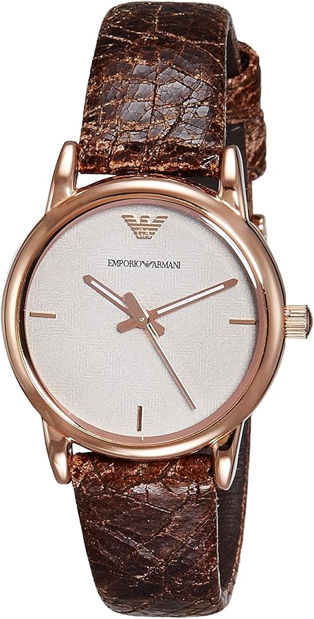 Side angle view of Emporio Armani AR1813 with rose gold case and distressed black leather band