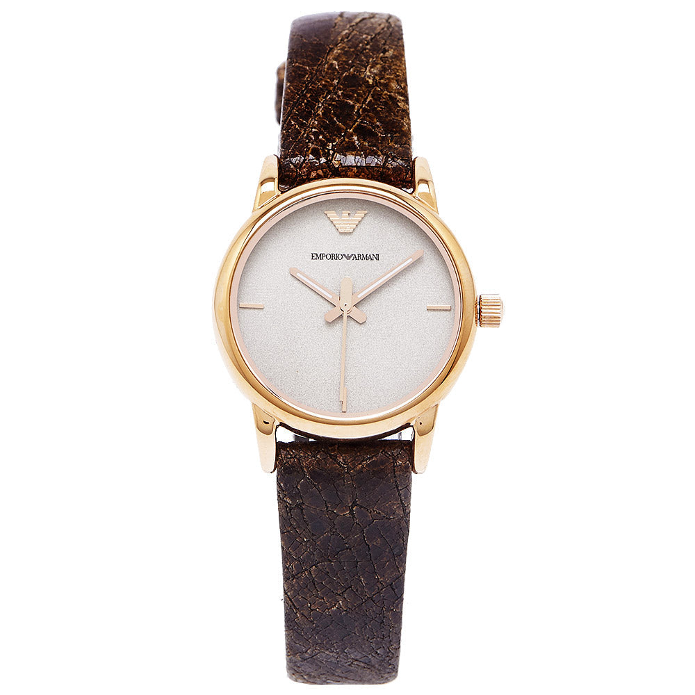 Emporio Armani AR1813 watch with rose gold case, silver dial, and black leather strap