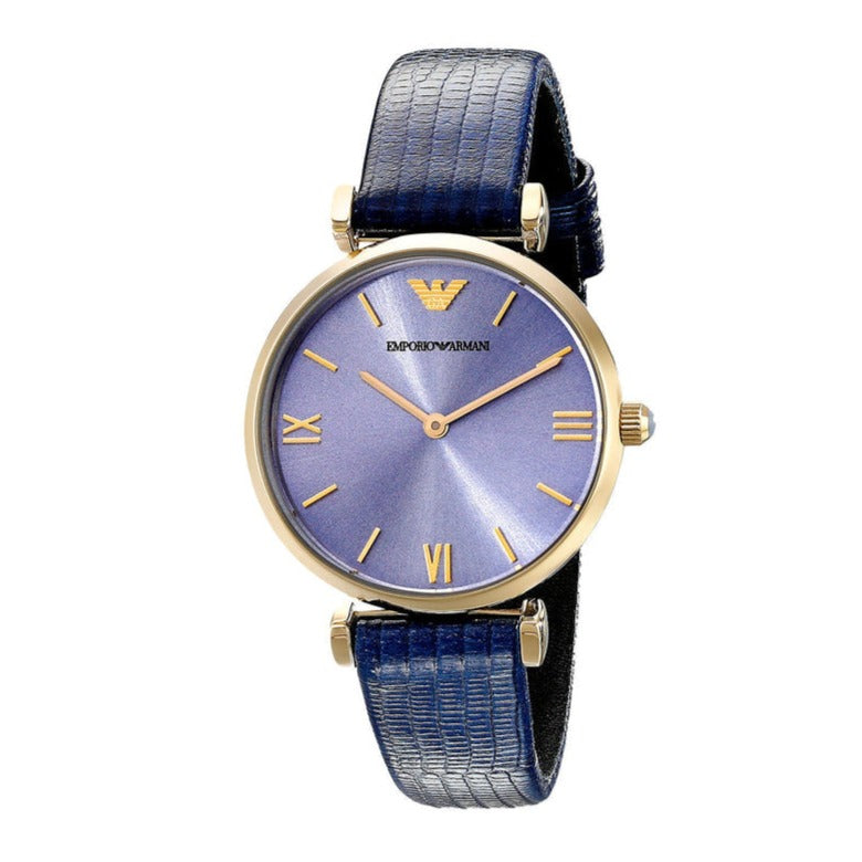Emporio Armani AR1875 blue women's watch with Roman numeral dial and navy crocodile-texture strap
