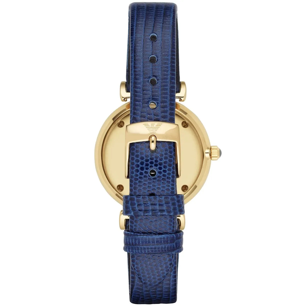 Caseback view of Emporio Armani AR1875 showing gold-tone case and attachment points