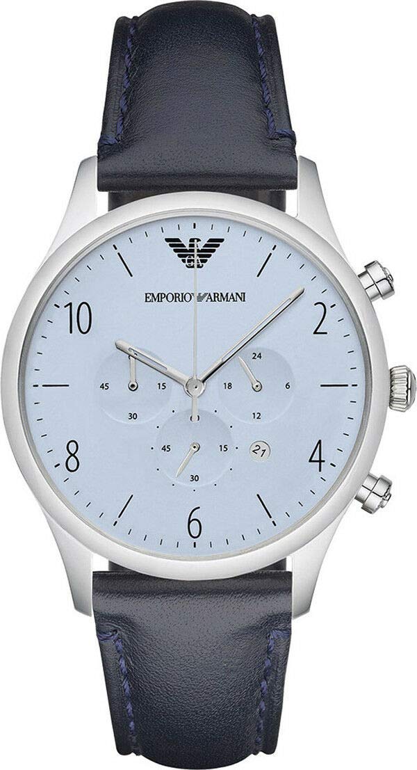 Emporio Armani AR1889 chronograph watch with light blue dial and dark blue leather strap