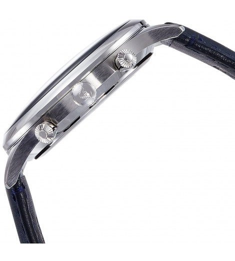 Emporio Armani AR1889 side view of case with chronograph push buttons and blue leather strap