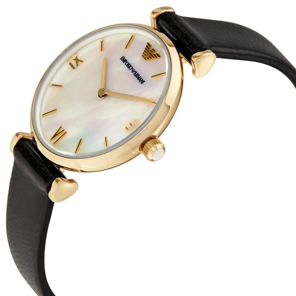 Angled side view of Emporio Armani AR1910 with black leather strap and gold case