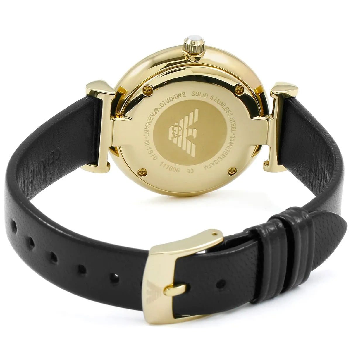 Gold caseback of Emporio Armani AR1910 with embossed eagle logo and specifications