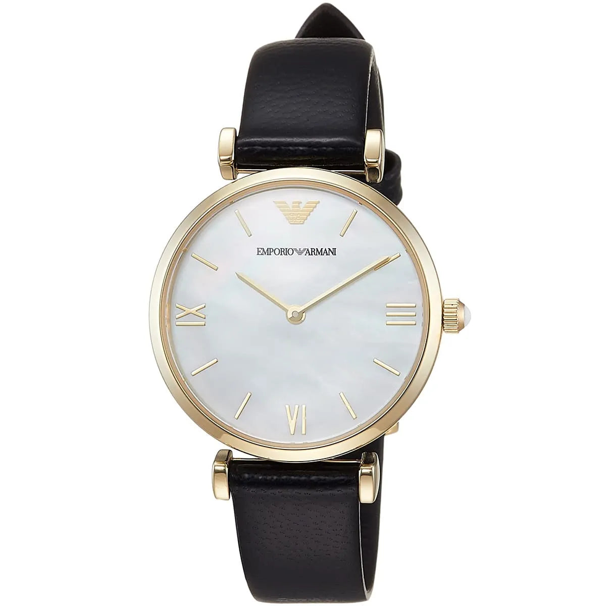 Front view of Emporio Armani AR1910 with MOP dial, gold case, and black leather strap