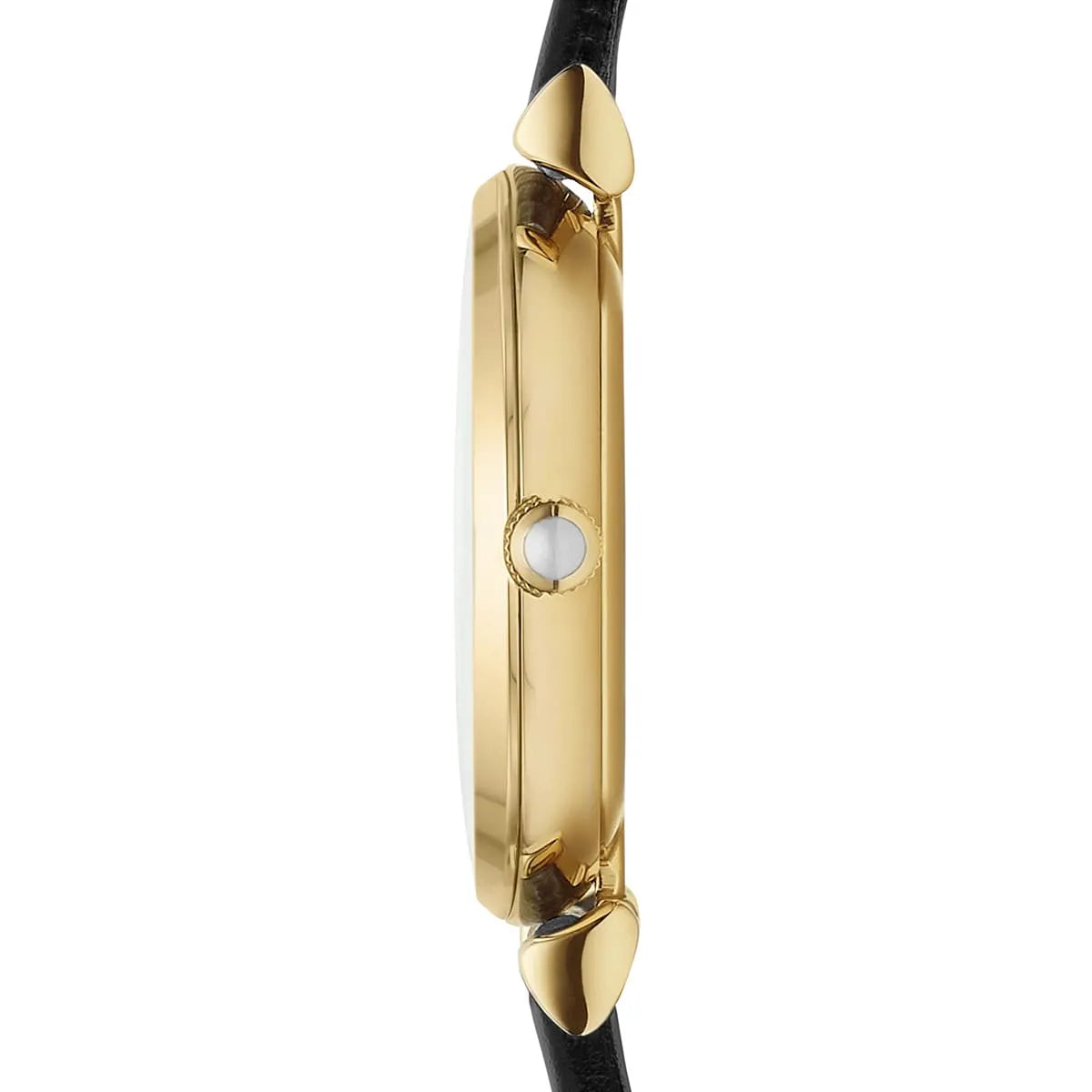 Side profile of Emporio Armani AR1910 showing gold case thickness and black strap