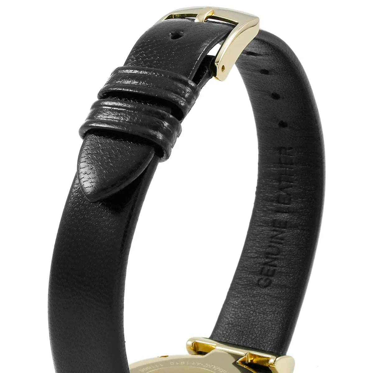 Black leather strap detail of Emporio Armani AR1910 with gold buckle and adjustment holes