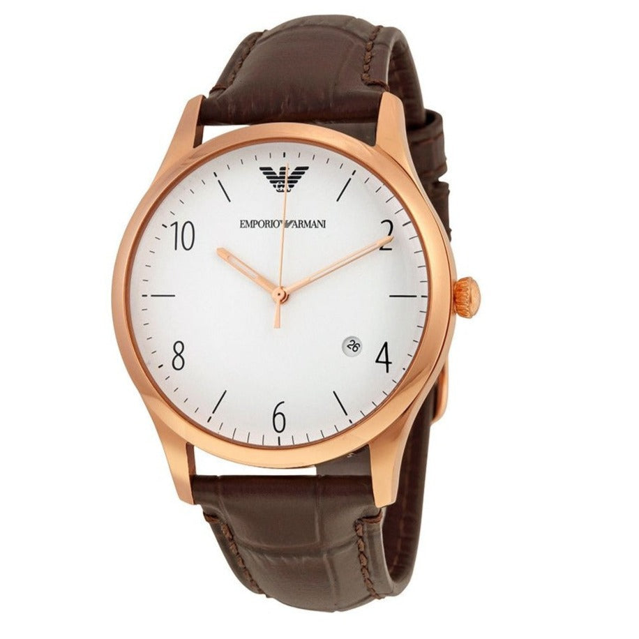 Emporio Armani AR1915 watch at angle showing white dial and leather strap