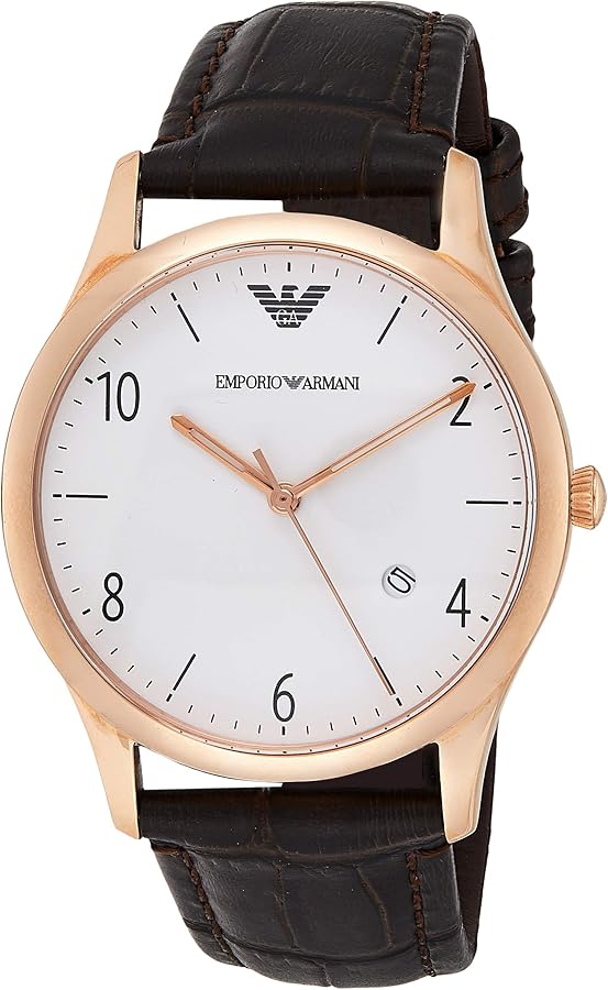 Emporio Armani AR1915 men's watch with rose gold case and brown leather strap