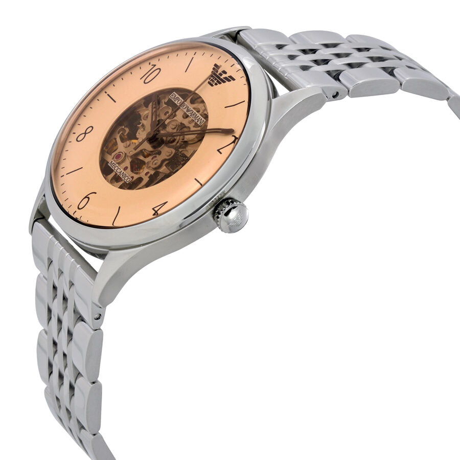 Side view of AR1922 showing stainless steel bracelet and beige skeleton dial