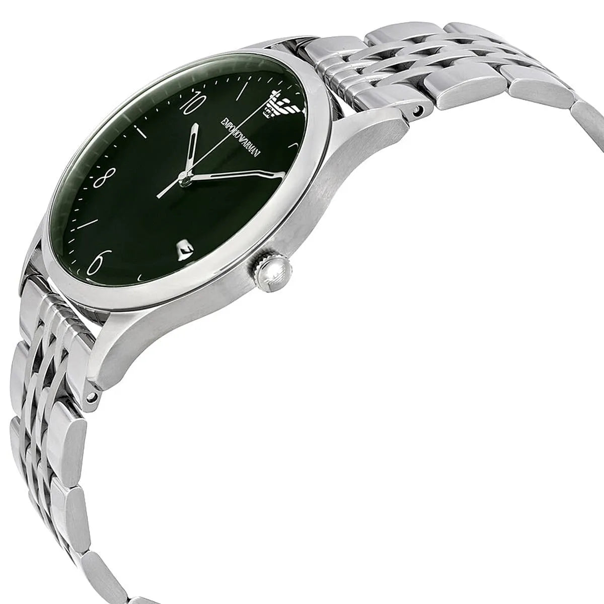 Emporio Armani AR1943 side angle view showing green dial and silver metal bracelet