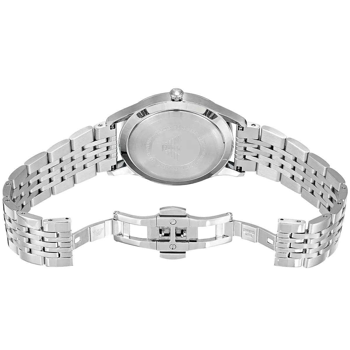 Emporio Armani AR1943 caseback with stainless steel bracelet displayed flat