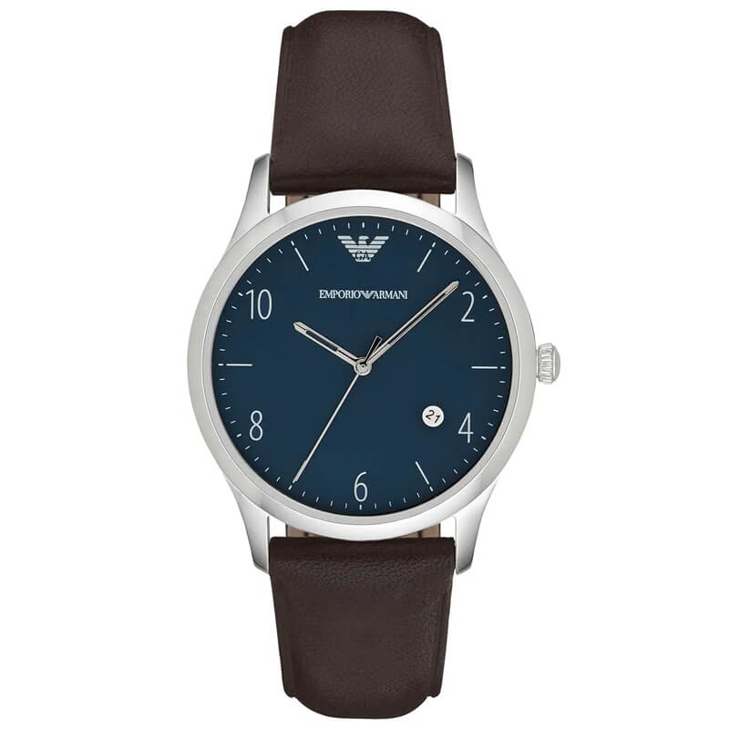 Emporio Armani AR1944 quartz watch with blue dial, silver case, and brown leather strap