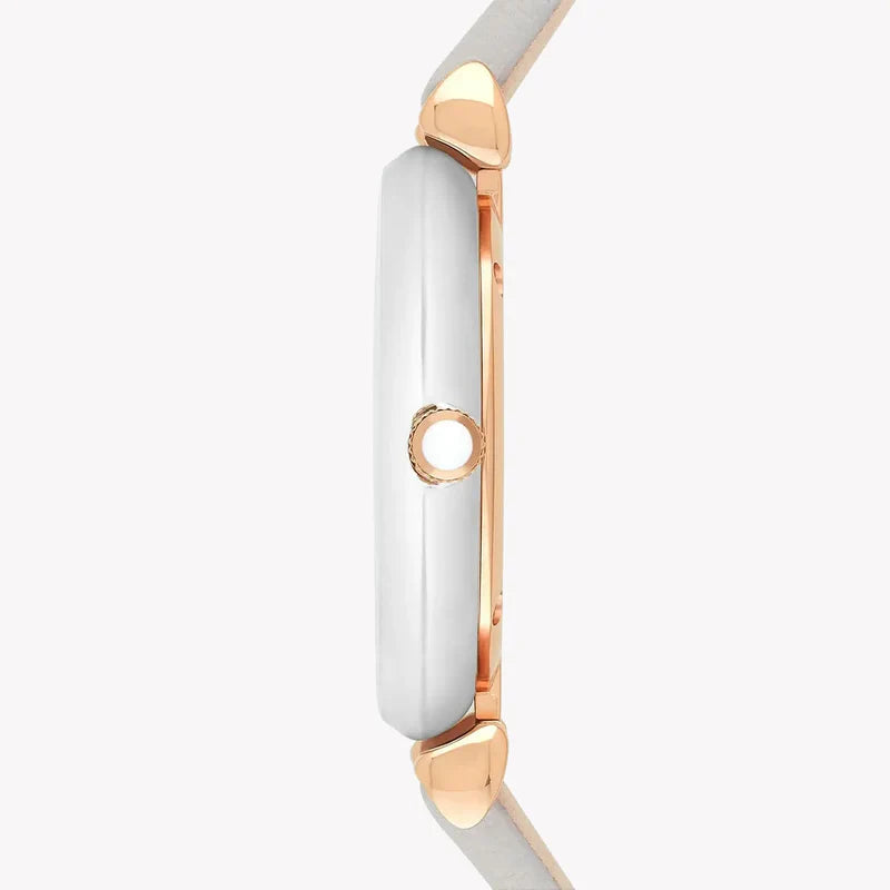 AR1965 side view showing rose gold case with white dial and gray leather strap