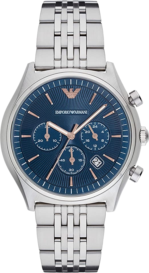 Emporio Armani AR1974 chronograph men's watch with blue dial and silver stainless steel bracelet