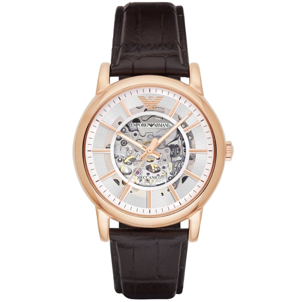 Emporio Armani AR1983 Meccanico watch with skeleton dial and brown leather strap