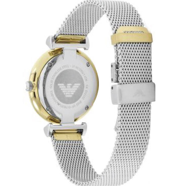 Emporio Armani AR2068 caseback showing two-tone rose gold and silver design