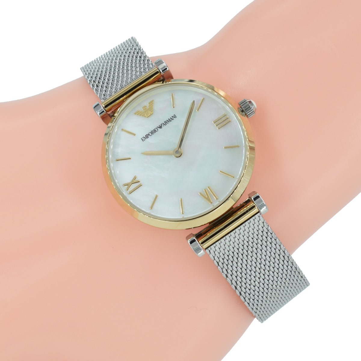Emporio Armani AR2068 on wrist displaying two-tone case and mesh band