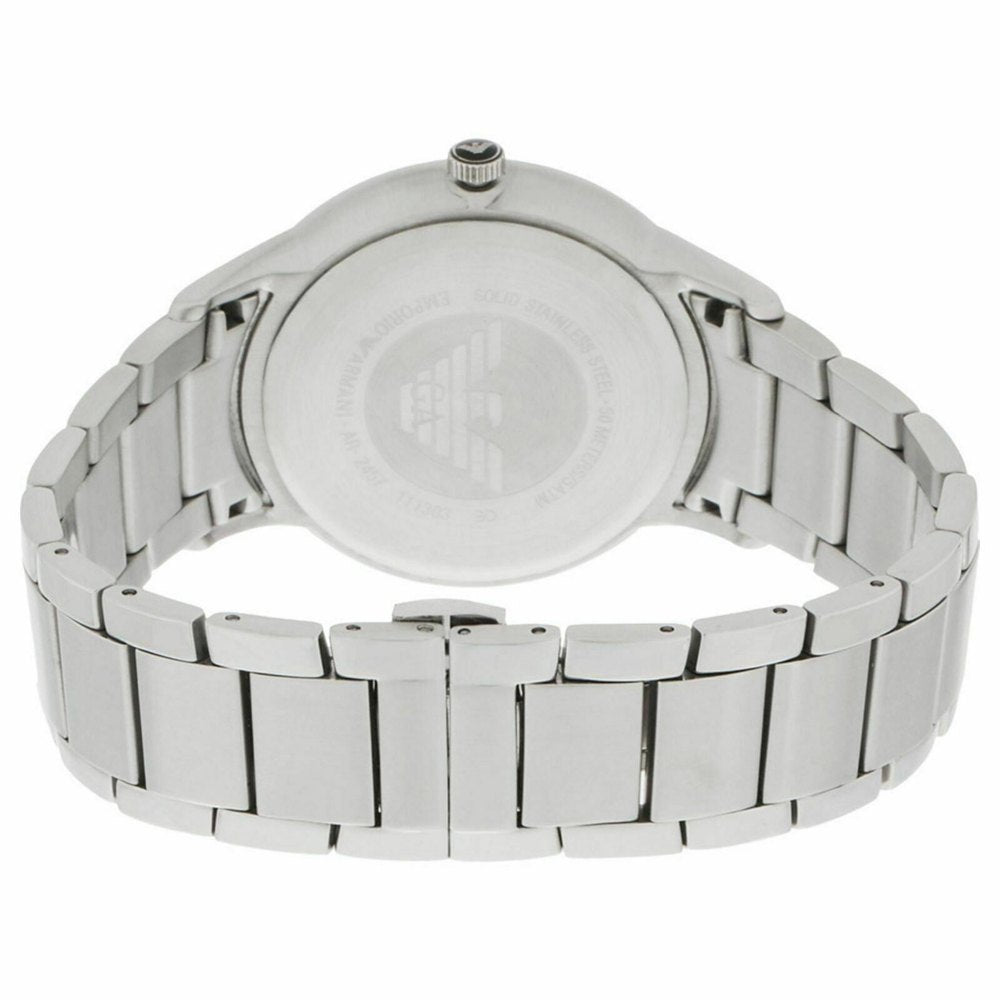 Emporio Armani AR2431 caseback showing silver steel construction and branding